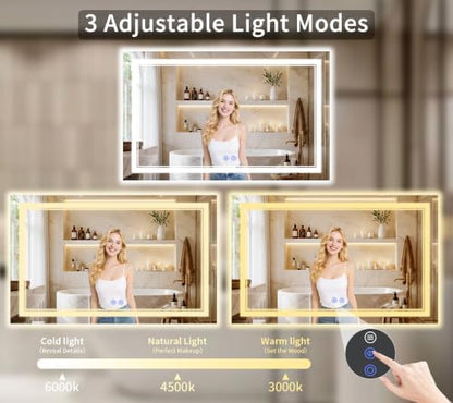 40"x55" LED Bathroom Mirror with Lights, Anti-Fog, Backlit + Front Lit, Dimmable, Led Vanity Mirror for Wall, Lighted Bathroom Mirror, 4 Colors, Shatter-Proof Tempered Glass