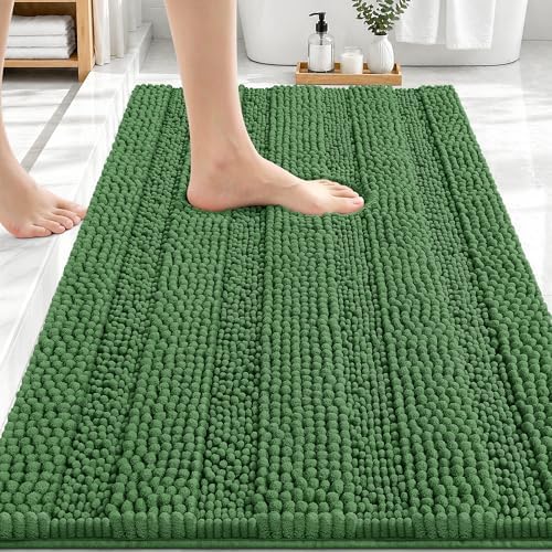 OLANLY Thick Bathroom Rugs 30x20, Chenille Striped Bath Rugs, Olive Green