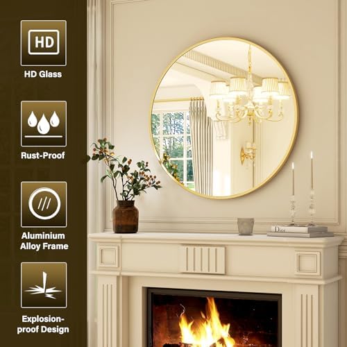 XRAMFY 24 Inch Round Mirror-Gold Circle Mirrors for Bathroom, Entryway