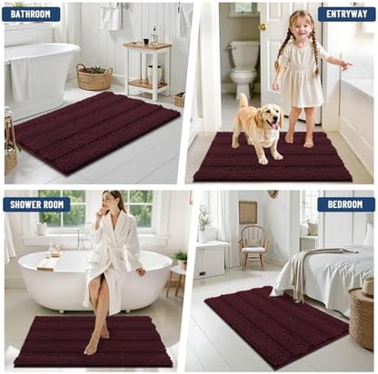Grandaily Chenille Striped Bathroom Rugs 30x20, Extra Thick and Soft Absorbent Bath Mats, Rubber Backing, Plush Shaggy Shower Carpet, Machine Wash Dry, Bath Rug for Bathroom, Black Cherry