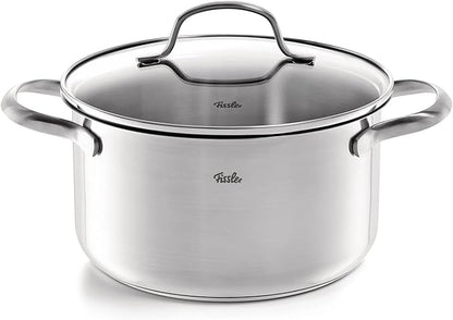 Fissler San Francisco 5-Piece Stainless Steel Saucepan Set with Glass Lids Suitable for Induction Cookers All Hob Types (3 Saucepans, 1 Stewing Pot, 1 Saucepan Without Lid)