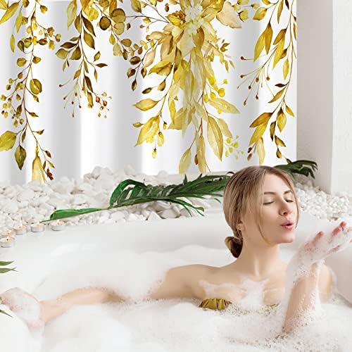 Gibelle Yellow Eucalyptus Shower Curtain, Watercolor Floral Print, 72x78