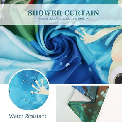 Aimego Funny Frog Shower Curtain - Cute Cartoon Frogs Dragonfly Lotus Leaf Floral Pond Wildflower Moon Fun Bath Shower Curtain Set with 12 Hooks for Kids Adults Bathroom Decor Accessories,72"x72"