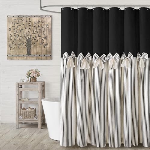Farmhouse Shower Curtain Linen Bow Pleated Black Stripe 72"W x 78"L