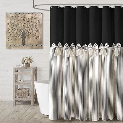 Farmhouse Shower Curtain Linen Bow Pleated Black Stripe 72"W x 78"L