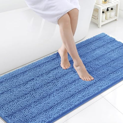 Grandaily Chenille Striped Bathroom Rugs 59x24, Extra Thick and Soft Absorbent Bath Mats, Rubber Backing, Plush Shaggy Shower Carpet, Machine Wash Dry, Bath Rug for Bathroom, Cornflower Blue
