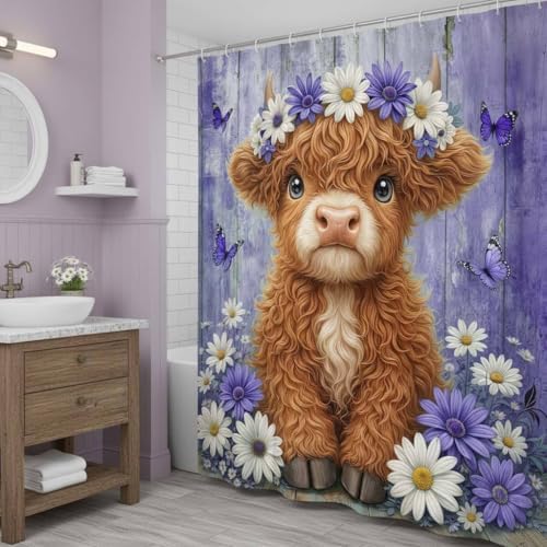Cute Cow Shower Curtain, Farmhouse Rustic Purple Floral Daisy Highland Cow Shower Curtains for Bathroom, Calf Country Farm Animal Garden Plant Fabric Bathroom Decor with Hooks, 70x84 inch