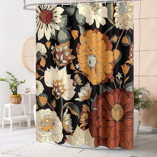 Boho Floral Shower Curtain, Retro Botanical Fabric Curtain, 36 x 72