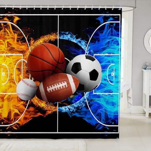 jejeloiu Ball Games Bath Curtain Boys Girls 72"x78" Ice Fire Ball Shower Curtain for Kids Women Men Waterproof Football Bathroom Shower Curtain Set Sports Game Kids Bathroom Accessories