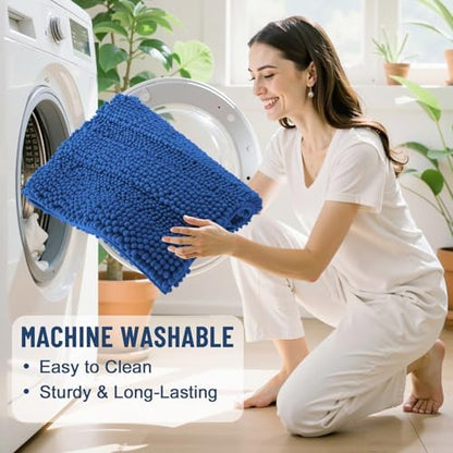 Grandaily Chenille Striped Bathroom Rugs 36x24, Extra Thick and Soft Absorbent Bath Mats, Rubber Backing, Plush Shaggy Shower Carpet, Machine Wash Dry, Bath Rug for Bathroom, Deep Navy Blue