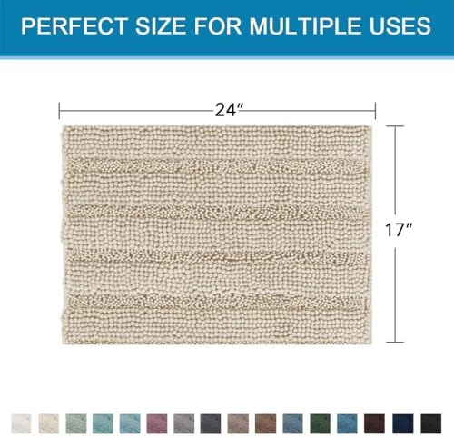 H.VERSAILTEX Bath Mats for Bathroom Non Slip Thick Chenille Striped Bath Rug Absorbent Fluffy Soft Shaggy Rugs Washable Dry Fast Plush Mats for Indoor, Bath Room, Tub - 17" x 24", Fog