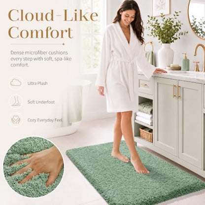 Yimobra Fluffy Plush Bath Rug, Super Shaggy Soft Comfortable Non Slip, Water Absorbent Microfiber Bath Mat, Dries Quickly, Machine Washable Thick Bathroom Rugs for Shower, 60" X 24", Pure Light Green