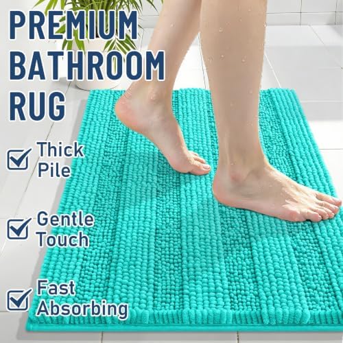Grandaily Chenille Striped Bathroom Rugs 47x24, Extra Thick and Soft Absorbent Bath Mats, Rubber Backing, Plush Shaggy Shower Carpet, Machine Wash Dry, Bath Rug for Bathroom, Turquoise