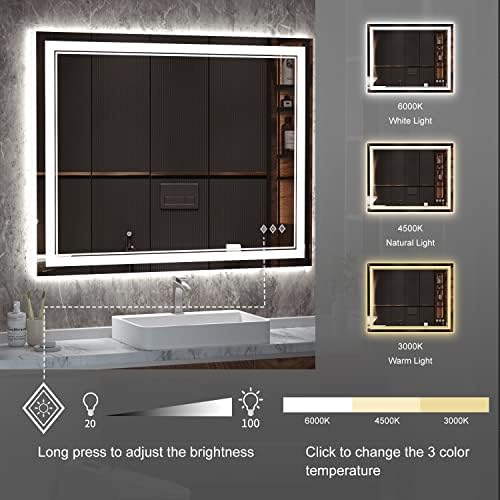 LED Bathroom Mirror, 40x32 Inch Gradient Front and Backlight Bathroom Vanity Mirror, 3 Colors Dimmable CRI>90 Double Lights, IP54 Enhanced Anti-Fog, Hanging Plates Wall Mount LED Mirror
