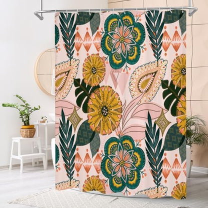 Pink Floral Shower Curtain, Boho Vintage Botanical Fabric Curtain, 72 x 78