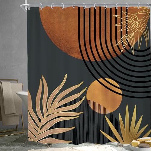 Mid Century Brown Black Boho Abstract Modern Bathroom Shower Curtain Set