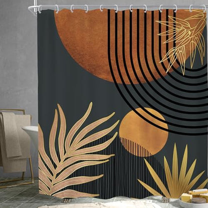 Mid Century Brown Black Boho Abstract Modern Bathroom Shower Curtain Set