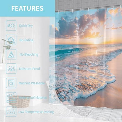 Extra Long Ocean Beach Coastal Seaside Nautical Shower Curtain for Bathroom 72W*84H Inch Summer Sunset Seacoast Beachy Waves Seascape Nature Cool Bathtub Decor Waterproof Polyester Fabric Set