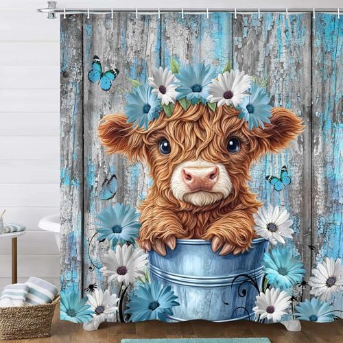 Rustic Farmhouse Shower Curtain, Farm Teal Daisy Floral Flowers and Butterfly on Country Wooden Shower Curtain for Bathroom, Country Blue Daisy Cute Highland Cow Curtain with 12PCS Hooks 54X72in