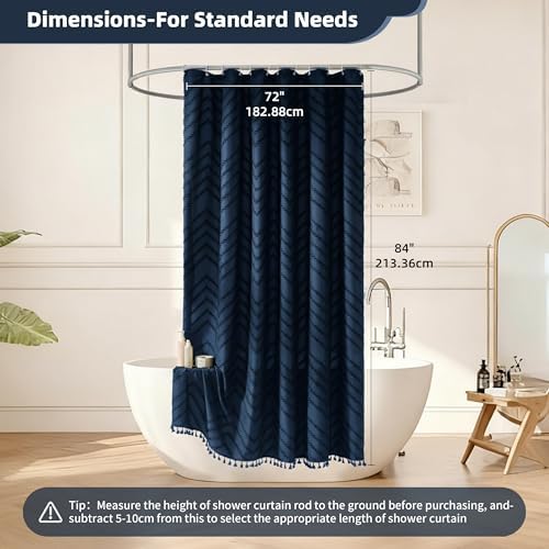 Siiluminisoy Extra Long Shower Curtains 72 x 84 Inches Tufted Chevron Navy Blue Shower Curtains Fabric for Bathroom Modern Shabby Chic Waterproof Cloth Shower Curtain