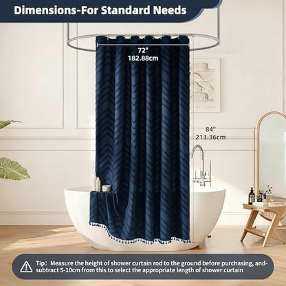 Siiluminisoy Extra Long Shower Curtains 72 x 84 Inches Tufted Chevron Navy Blue Shower Curtains Fabric for Bathroom Modern Shabby Chic Waterproof Cloth Shower Curtain