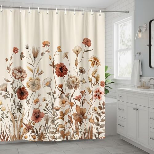Vintage Boho Beige Floral Shower Curtain, Brown Cream Tan Rustic Farmhouse Flower Shower Curtain Set, Cute Botanical Wlidflowers Fabric Shower Curtains Decoration, 72X84 Aesthetic Bathroom Accessories