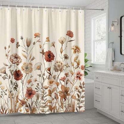 Vintage Boho Beige Floral Shower Curtain, Brown Cream Tan Rustic Farmhouse Flower Shower Curtain Set, Cute Botanical Wlidflowers Fabric Shower Curtains Decoration, 72X84 Aesthetic Bathroom Accessories