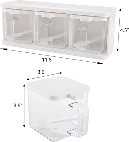 Hedume 2 Pack 3 Grids Clear Seasoning Box with Handle and Spoon, Seasoning Storage Container Rack Combo Set with Removable Cruet Jars for Spice Salt Sugar