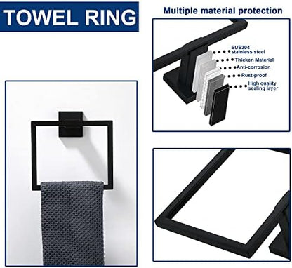 5 Pieces Bathroom Hardware Accessories Set Matte Black, 24Inch Square Towel Racks Set for Bathroom, SUS304 Stainless Steel Towel Bar Set, Bath Accessories Sets Wall Mounted
