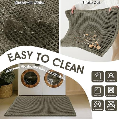 Upgraded Waffle Bath Mat, 32"x20" Greyish Green, Super Absorbent Non-Slip Quick Dry Bathroom Rugs with Tassels, Machine Washable Ultra Soft Boho Bath Rugs for Floor, Toilet Mats Boho Farmhouse Decor