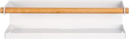 WENKO Magna Magnetic Metal Spice Rack with Bamboo Detail for Storing and Displaying Spice Jars, No Drilling Required with Magnet or Adhesive Tape, 32 x 8 x 8 cm, White