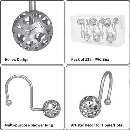 Gracelife 12Pcs Hollow Ball Shower Curtain Hooks Luxury Quality Rustproof Stainless Steel Shower Curtain Rings Hooks for Bathroom Rod (Nickel)