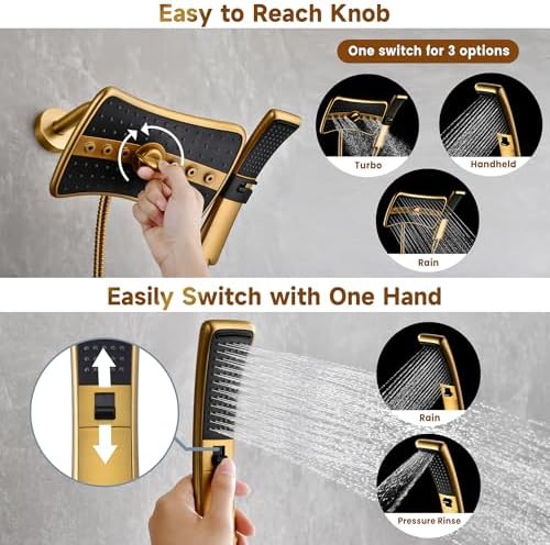 BRIGHT SHOWERS Dual Shower Head with Handheld, High Pressure Rainfall Shower Head Combo, 60-Inch Stainless Steel Hose, Brushed Gold