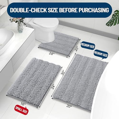 Grandaily Chenille Striped Bathroom Rugs 59x24, Extra Thick and Absorbent Bath Mats, Non-Slip Soft Plush Shaggy Shower Carpet, Machine Wash Dry, Bath Rug for Bathroom, Light Grey