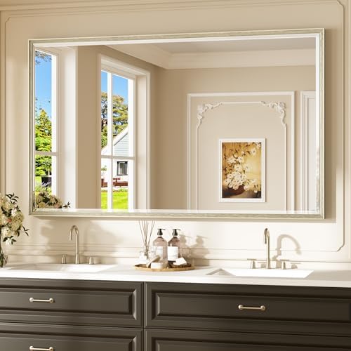Keonjinn 60" x 36" Large Brushed Nickel Bathroom Mirror, Aluminum Alloy