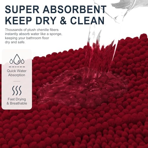 Smiry Thick Chenille Bathroom Runner Rugs 44x24, Absorbent Bath Mat, Red