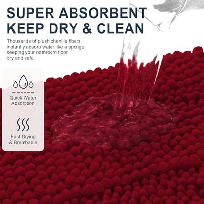 Smiry Thick Chenille Bathroom Runner Rugs 44x24, Absorbent Bath Mat, Red