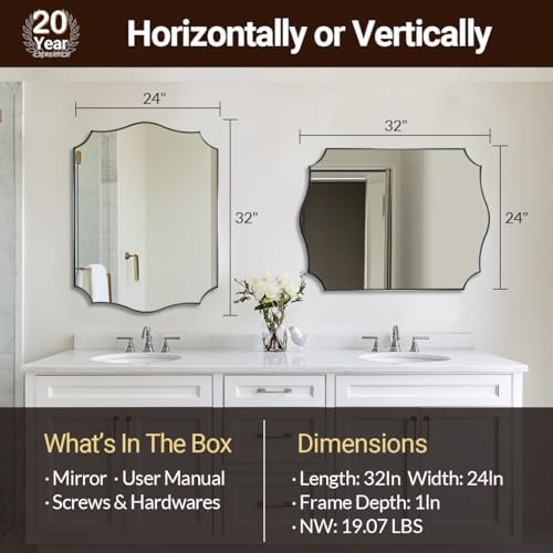 ANDY STAR Chrome Bathroom Mirror for Wall, 24x32 Inch Polished Chrome Mirror, Bathroom Mirror for Over Sink, Irregular Wall Mirror in Thin Stainless Steel Frame Deep 1’’, Wave Inspired Style