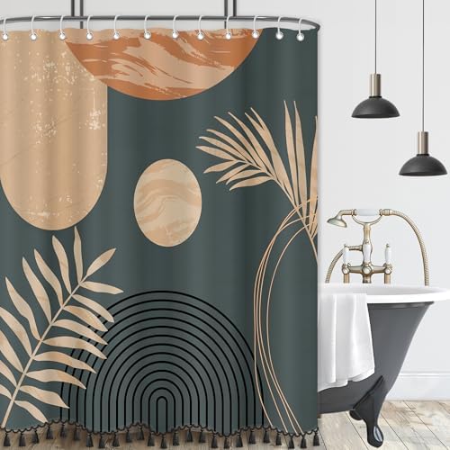 Boho Mid Century Leaf Shower Curtain Set,Arch Sun Design,Minimalistic Leaves Pattern,Waterproof and Luxurious Fabric-12 Hooks(Brown-60" x 72")