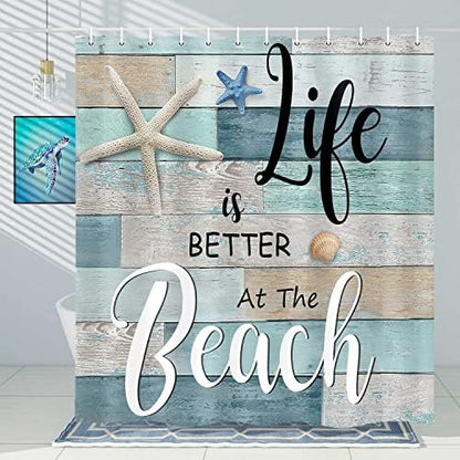 Beach Shower Curtain, Rustic Vintage Wood Ocean Quote Words Summer Fabric Decor Bath Curtain, Nautical Coastal Starfish Theme Bathroom Curtain Accessories with Hooks 72X72in