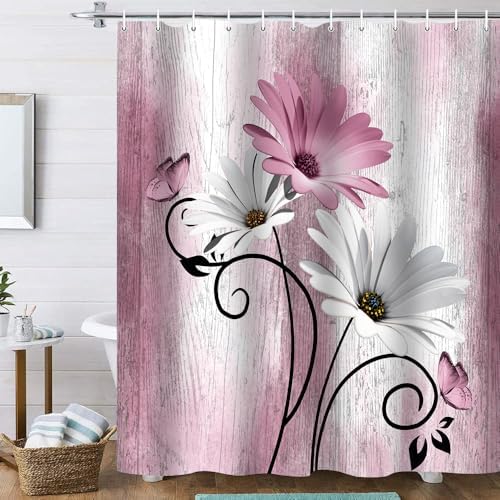 Onalasyc 4PCS Pink Daisy Floral Bathroom Sets with Shower Curtain and Rugs
