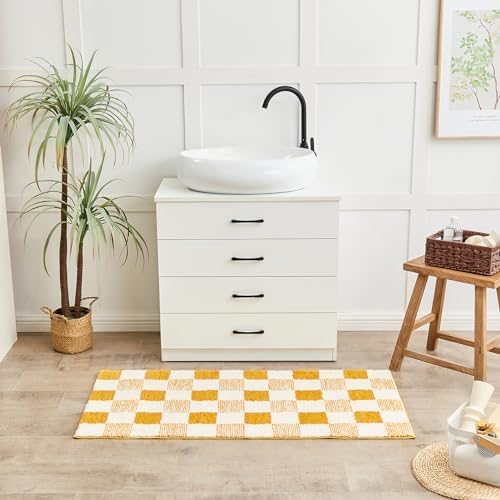 CozeCube Harvest Gold Checkered Bath Mat 47"x24" Non Slip Washable Rug
