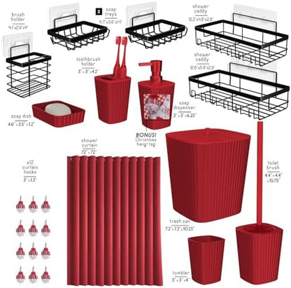 Clara Clark Bathroom Set - Christmas Bathroom Accessories Set, 24PC Bathroom Accessory Set, Christmas Bathroom Sets with Adhesive Corner Shower Caddy Hanging, Toilet Brush, Trash Can & Soap Dispenser