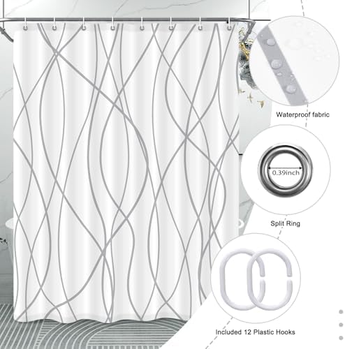 Striped Shower Curtain for Bathroom, Grey White, 54" W x 72" L
