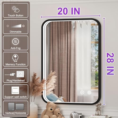 20"x28" LED Bathroom Mirror with Lights, Black Aluminum Frame