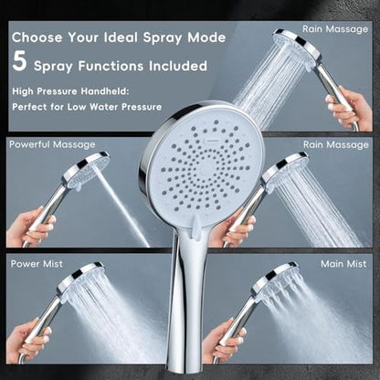 Peicuai Shower Head Combo, 10 Inch High Pressure Rain Shower Head with 11 Inch Adjustable Extension Arm, 5-Setting Handheld Shower with Long Hose, Powerful Spray for Low Water Pressure