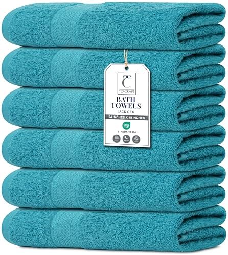 Medium Size Bath Towels Set of 6 – 100% Cotton Terry – 24" x 48" – Quick Dry, Soft & Highly Absorbent – Teal Blue Towels for Bathroom, Gym, Spa, Pool & Daily Use