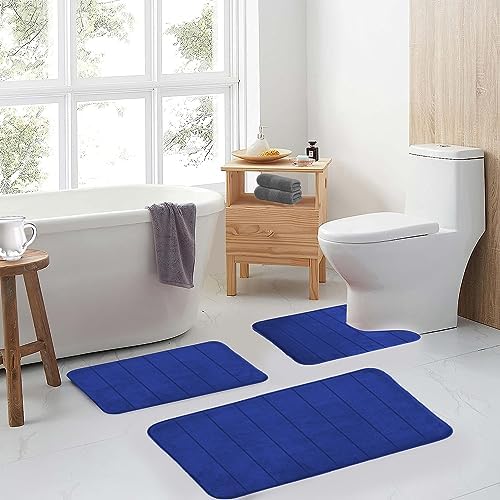 RUN HELIX Memory Foam Bath Mat Rug Set 3 Piece, Ultra Soft Non Slip and Absorbent Bathroom Rug, Machine Wash Dry, Comfortable, Thick Bath Rug Carpet for Bathroom Floor, Tub and Shower, Navy