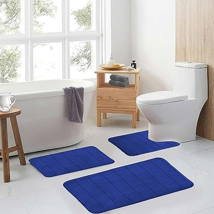 RUN HELIX Memory Foam Bath Mat Rug Set 3 Piece, Ultra Soft Non Slip and Absorbent Bathroom Rug, Machine Wash Dry, Comfortable, Thick Bath Rug Carpet for Bathroom Floor, Tub and Shower, Navy