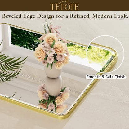 TETOTE Brushed Gold Bathroom Mirror for Over Sink 24 x 36 Beveled Edge Tempered Glass, Rounded Corner Rectangle Framed Mirror for Modern Bathroom, Living Room, Bedroom, Entryway